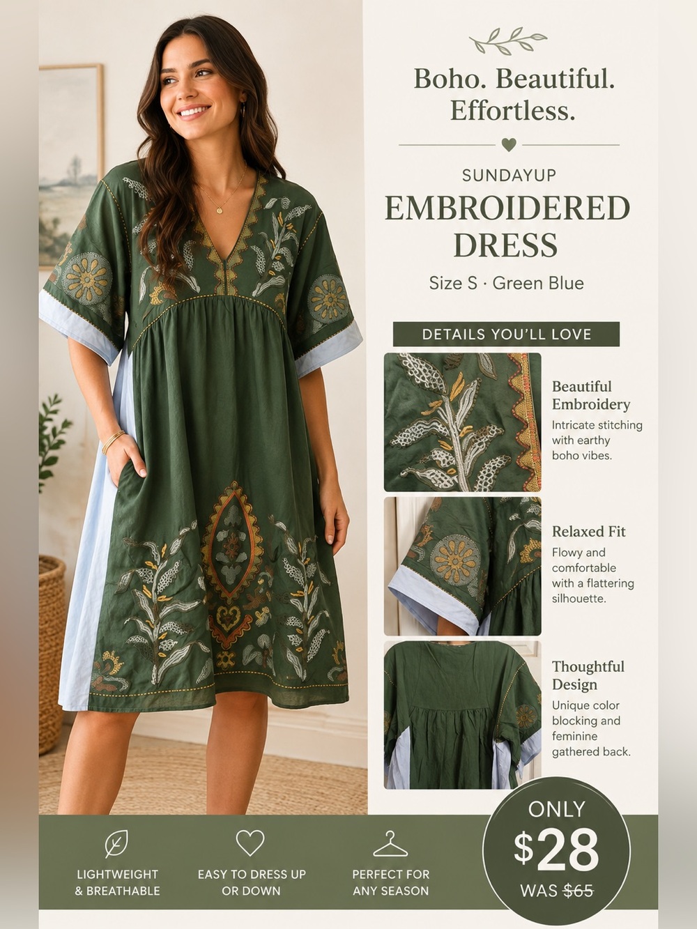 SundayUp Embroidered Dress Size S Green Blue
